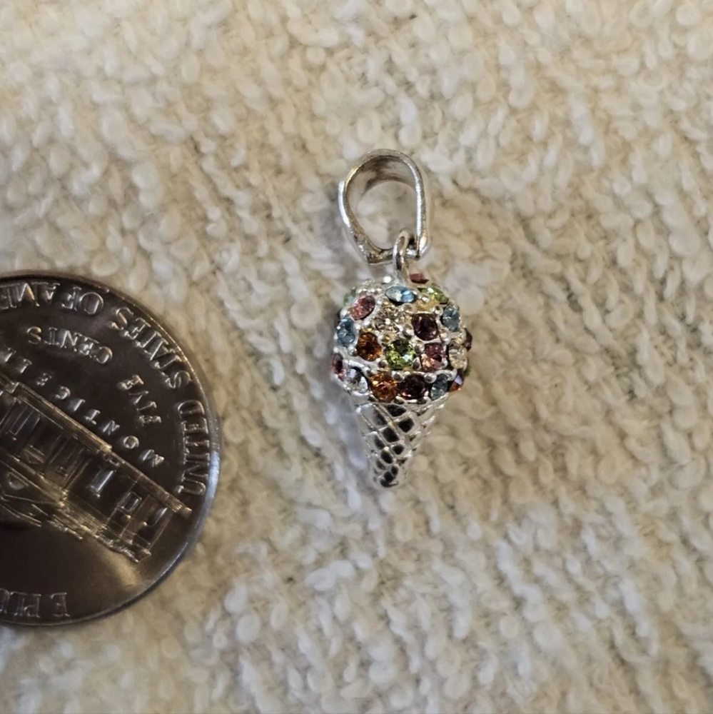 Sterling Silver Ice Cream Cone Charm Rhinestone Sprinkles
